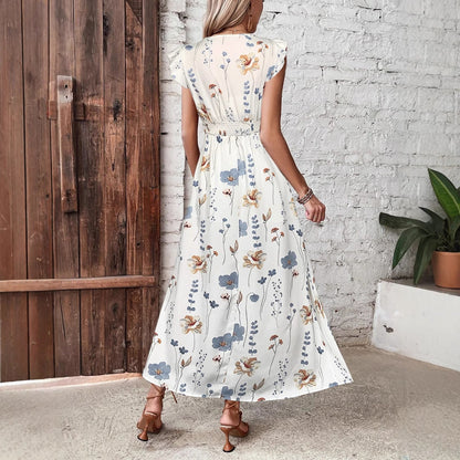 Floral V-Neck Maxi Dress with Flutter Sleeves and Side Slit