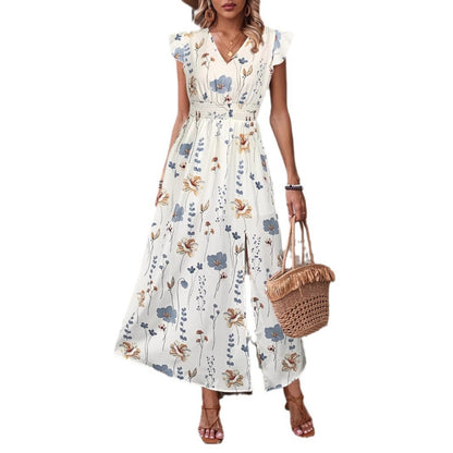 Floral V-Neck Maxi Dress with Flutter Sleeves and Side Slit