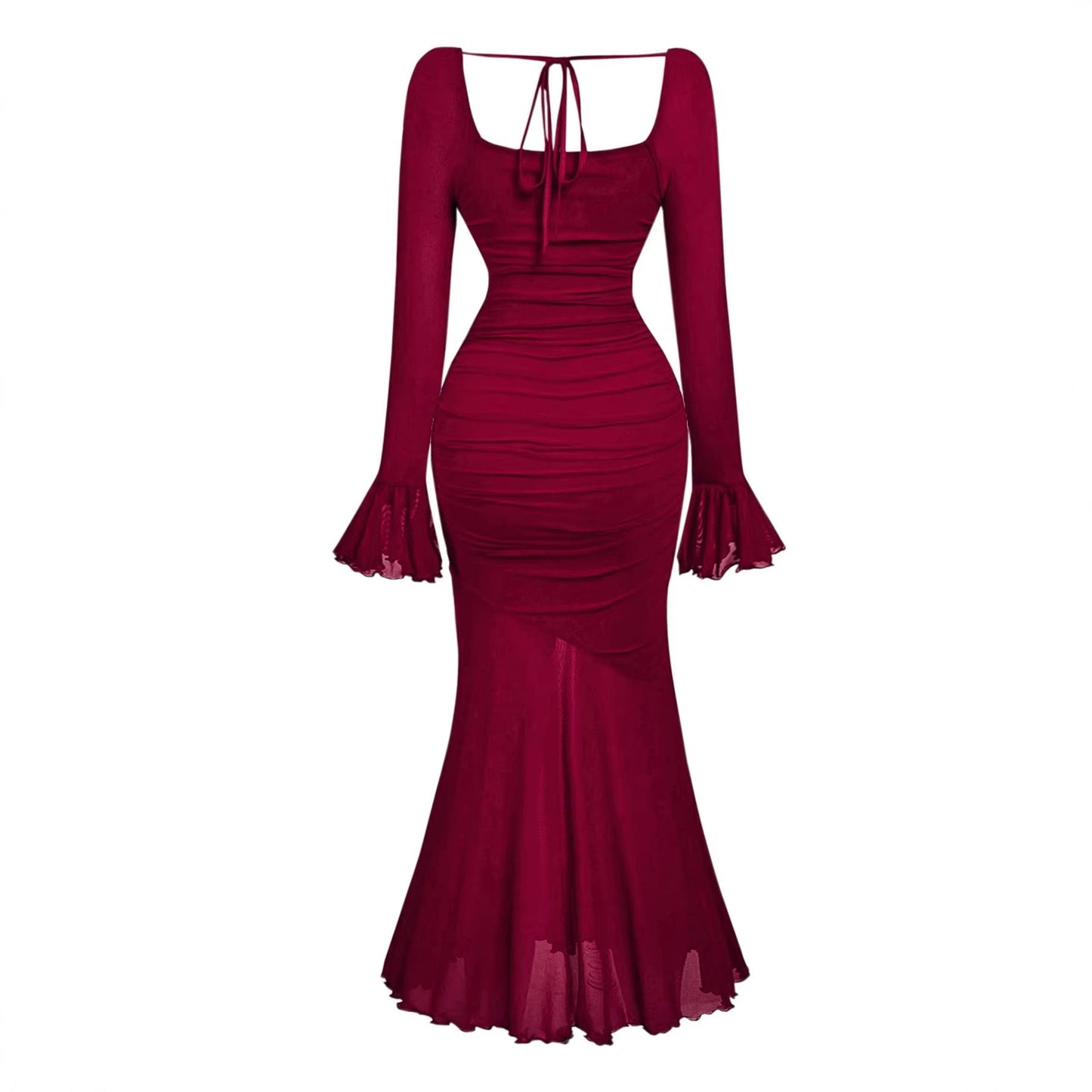 Ruched Fishtail Maxi Dress with Square Neck and Flared Sleeves