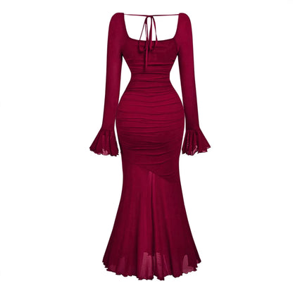 Ruched Fishtail Maxi Dress with Square Neck and Flared Sleeves