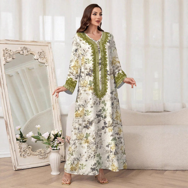 Floral Print Umbrella Maxi Dress with Embroidered Trim