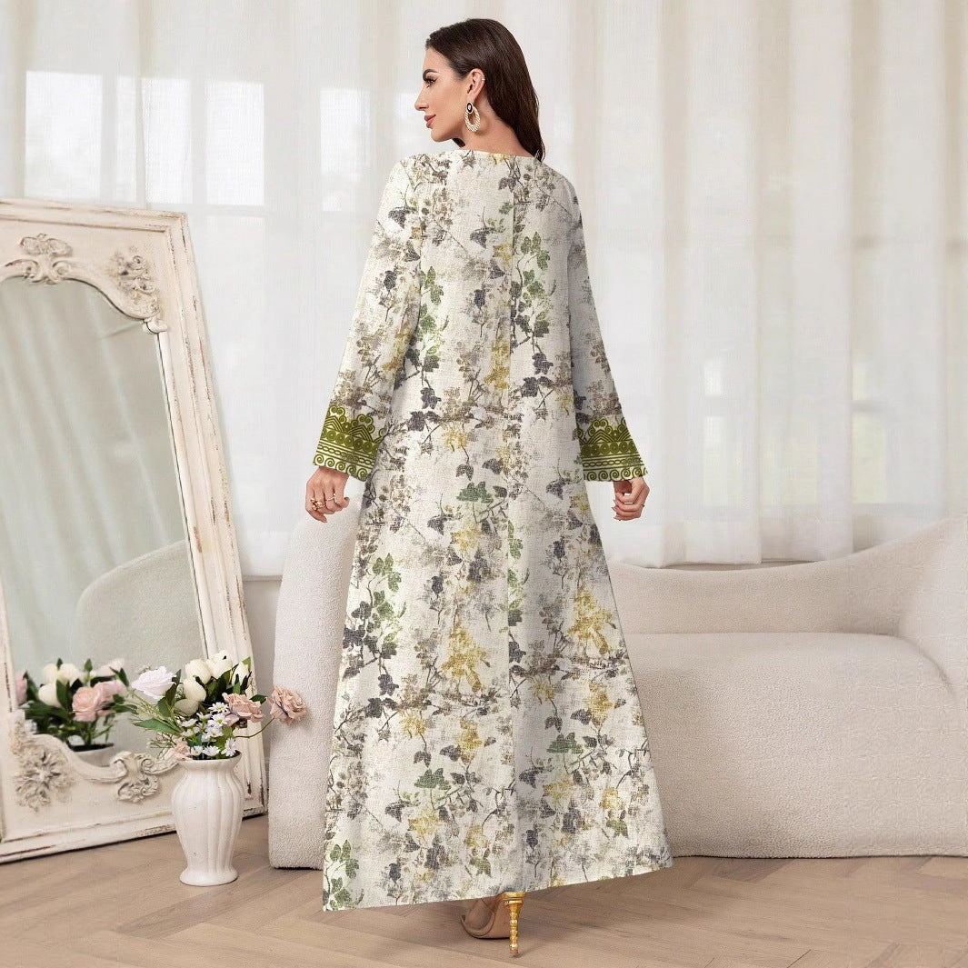 Floral Print Umbrella Maxi Dress with Embroidered Trim