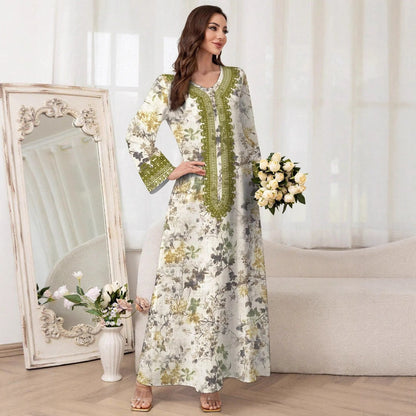 Floral Print Umbrella Maxi Dress with Embroidered Trim
