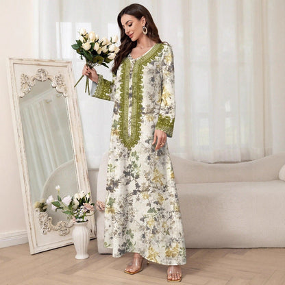 Floral Print Umbrella Maxi Dress with Embroidered Trim