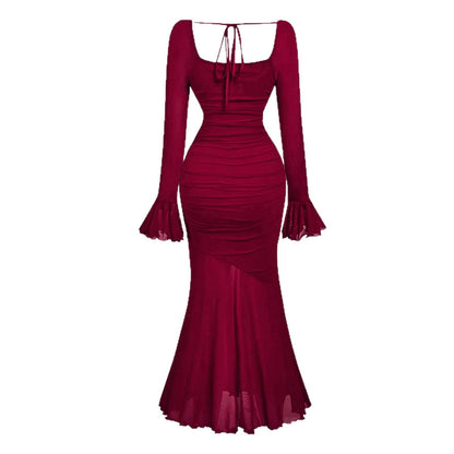 Ruched Fishtail Maxi Dress with Square Neck and Flared Sleeves