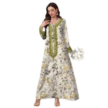 Floral Print Umbrella Maxi Dress with Embroidered Trim