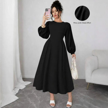 A-Line Midi Dress with Puff Sleeves and High Waist