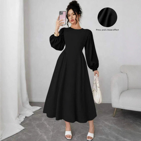 A-Line Midi Dress with Puff Sleeves and High Waist