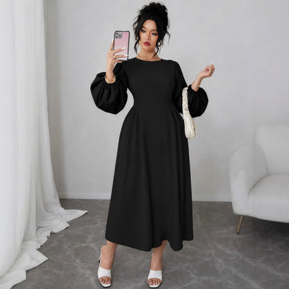 A-Line Midi Dress with Puff Sleeves and High Waist