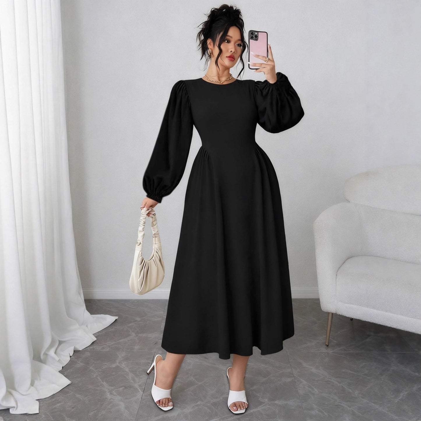 A-Line Midi Dress with Puff Sleeves and High Waist