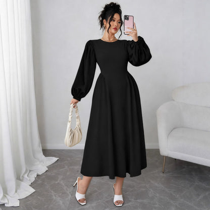 A-Line Midi Dress with Puff Sleeves and High Waist