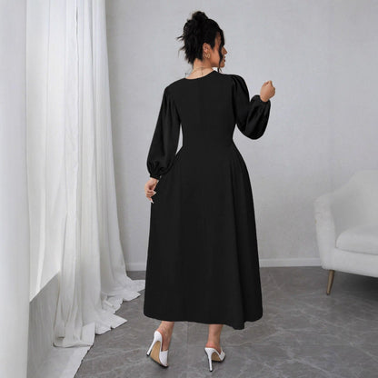 A-Line Midi Dress with Puff Sleeves and High Waist