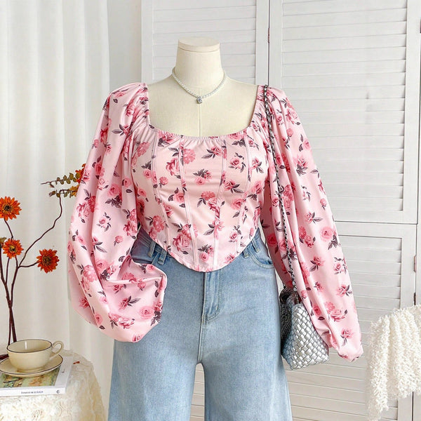 Floral Print Corset Top with Square Neck and Puff Sleeves