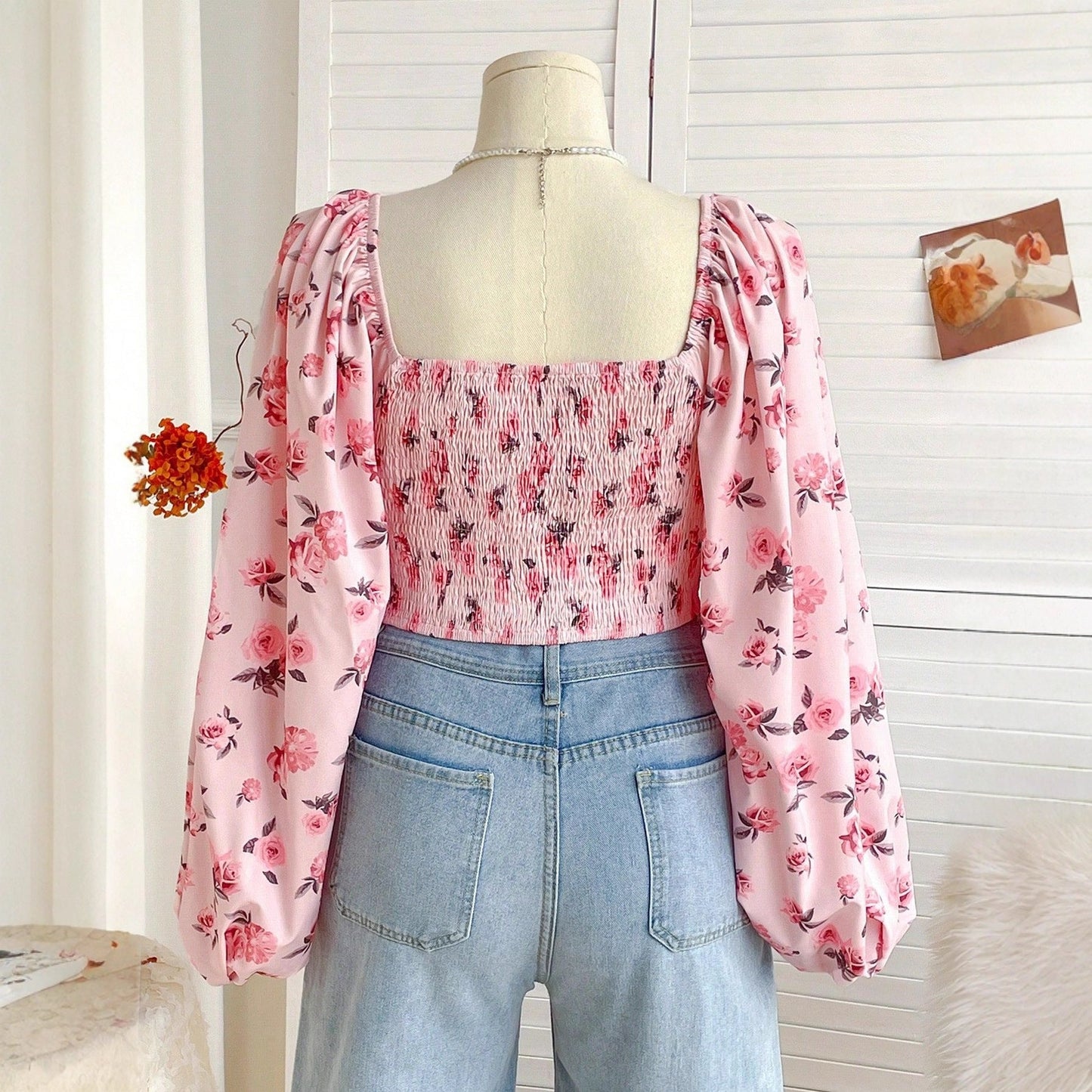 Floral Print Corset Top with Square Neck and Puff Sleeves