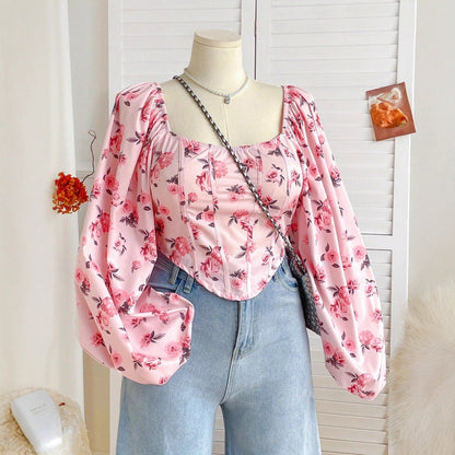 Floral Print Corset Top with Square Neck and Puff Sleeves