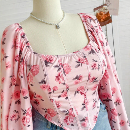 Floral Print Corset Top with Square Neck and Puff Sleeves