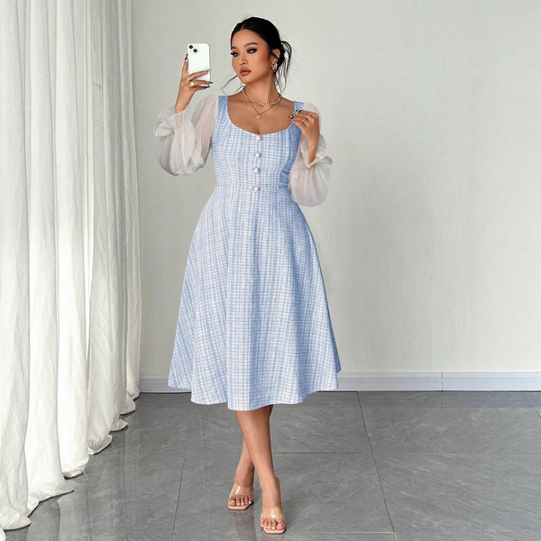 Plaid A-Line Midi Dress with Sheer Puff Sleeves
