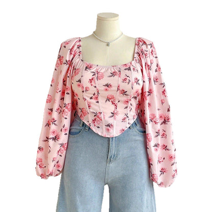 Floral Print Corset Top with Square Neck and Puff Sleeves