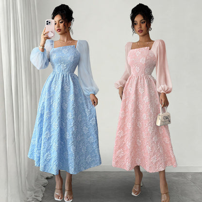A-Line Floral Print Dress with Square Neck and Puff Sleeves