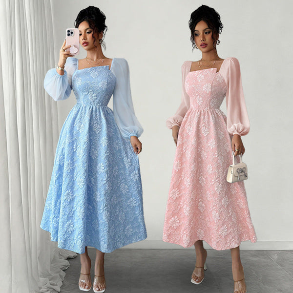 A-Line Floral Print Dress with Square Neck and Puff Sleeves