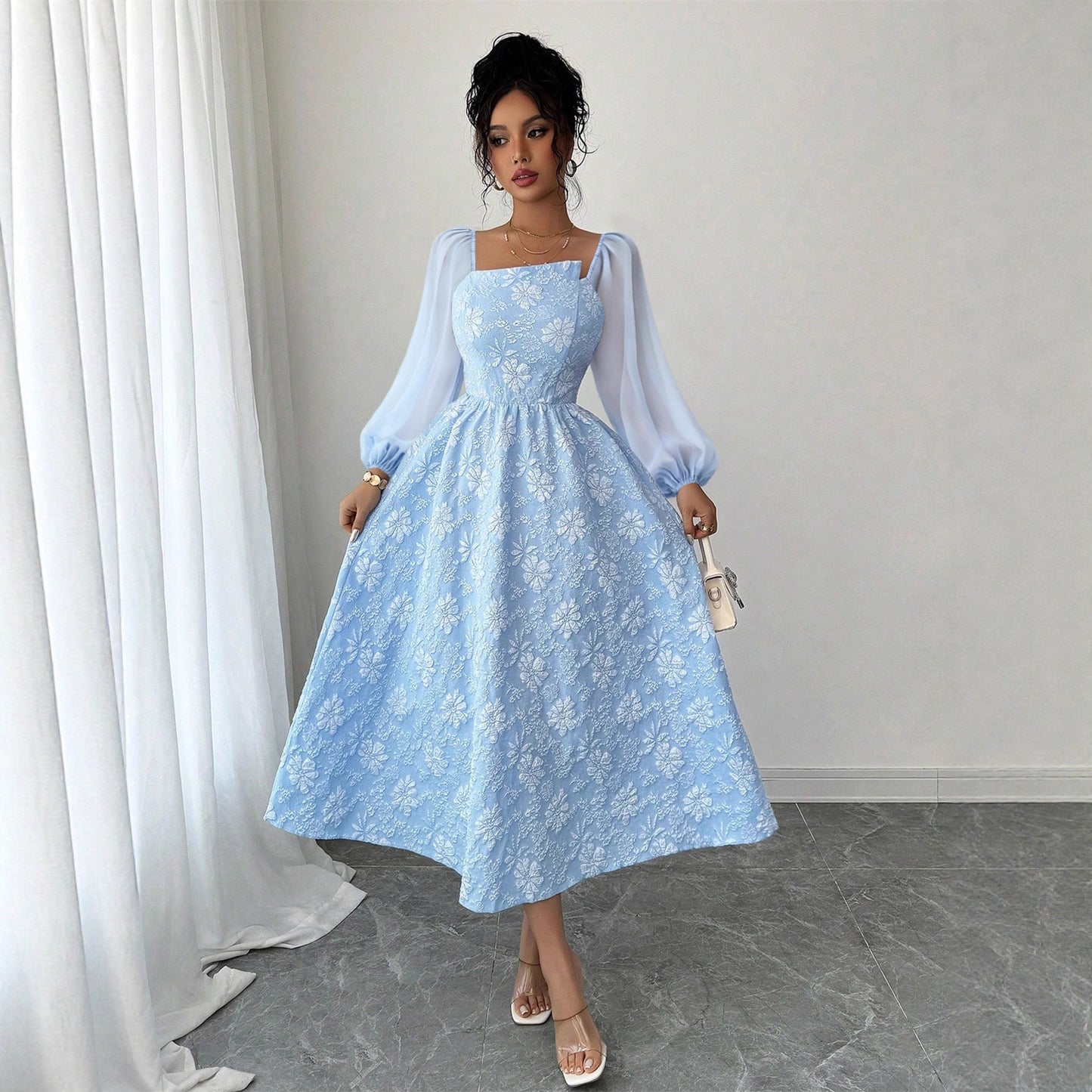 A-Line Floral Print Dress with Square Neck and Puff Sleeves