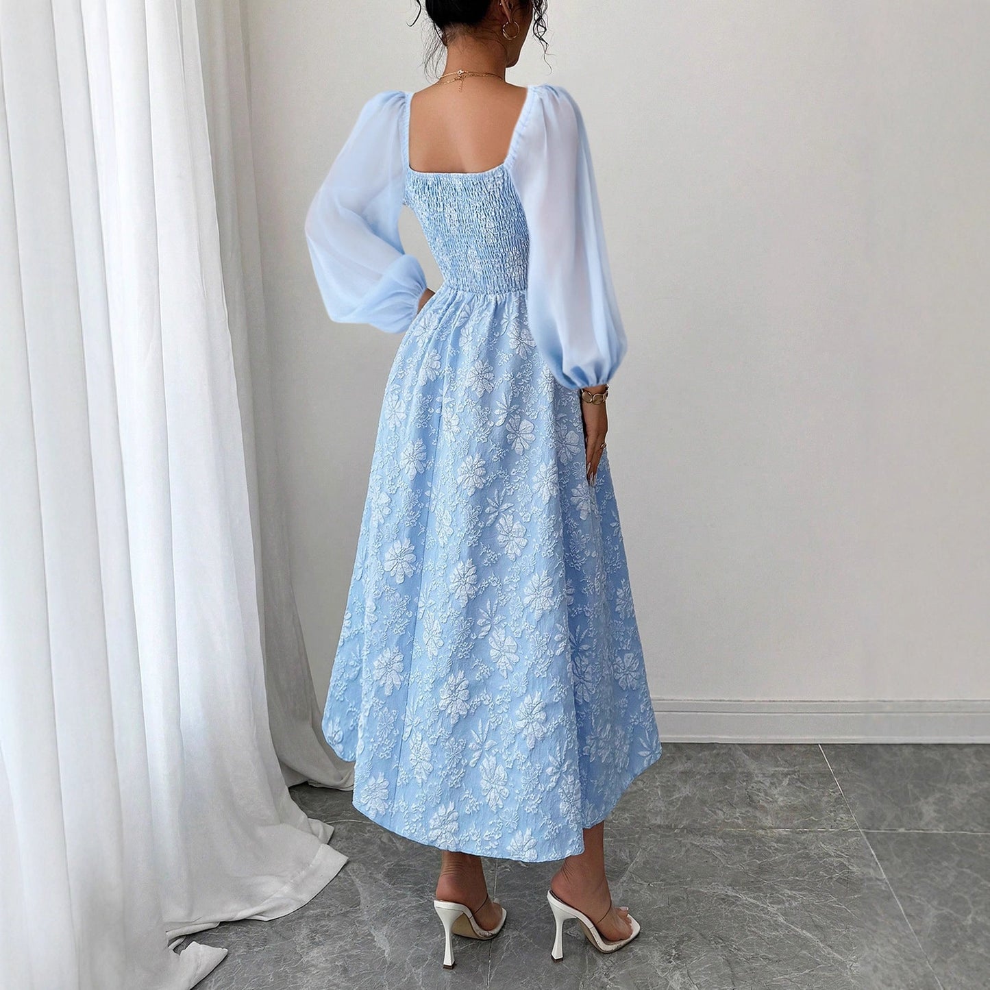 A-Line Floral Print Dress with Square Neck and Puff Sleeves