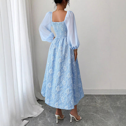 A-Line Floral Print Dress with Square Neck and Puff Sleeves