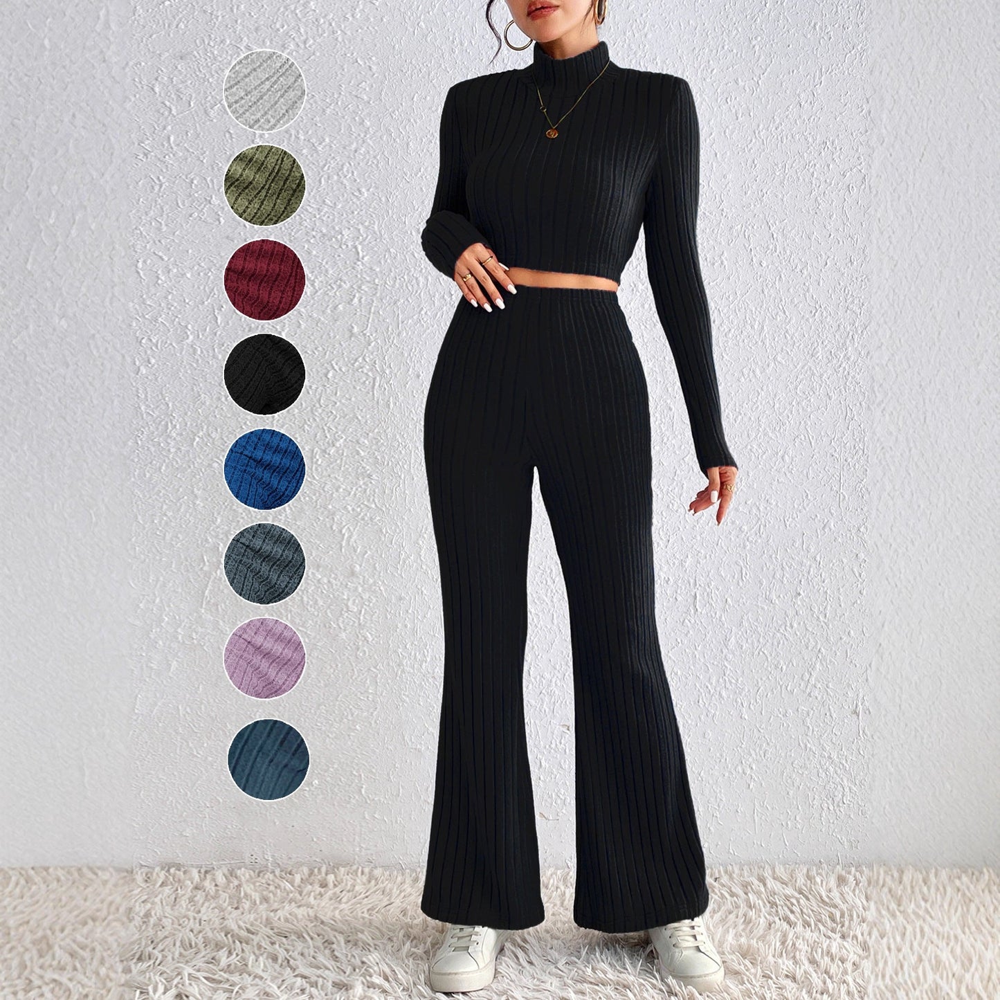Ribbed Knit Two-Piece Set with Turtleneck and Wide-Leg Pants