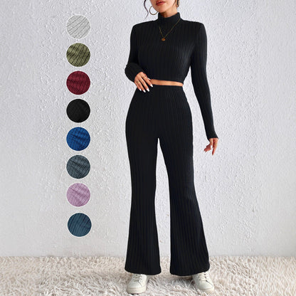 Ribbed Knit Two-Piece Set with Turtleneck and Wide-Leg Pants