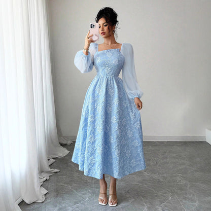 A-Line Floral Print Dress with Square Neck and Puff Sleeves