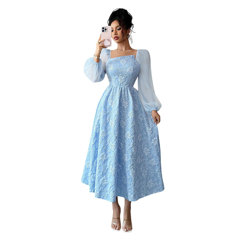 A-Line Floral Print Dress with Square Neck and Puff Sleeves