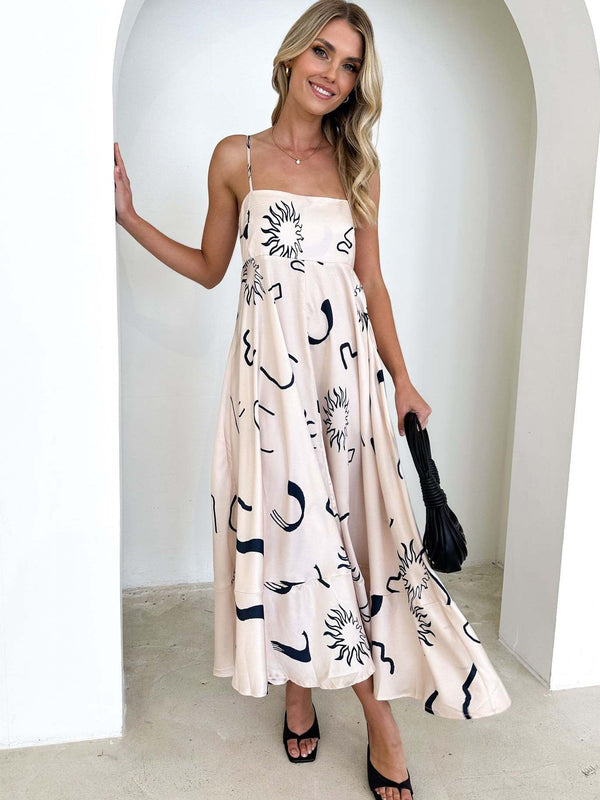 A-Line Maxi Dress with Abstract Print and Spaghetti Straps