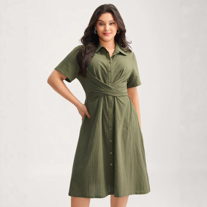 A-Line Midi Shirt Dress with Twist Front and Polo Collar