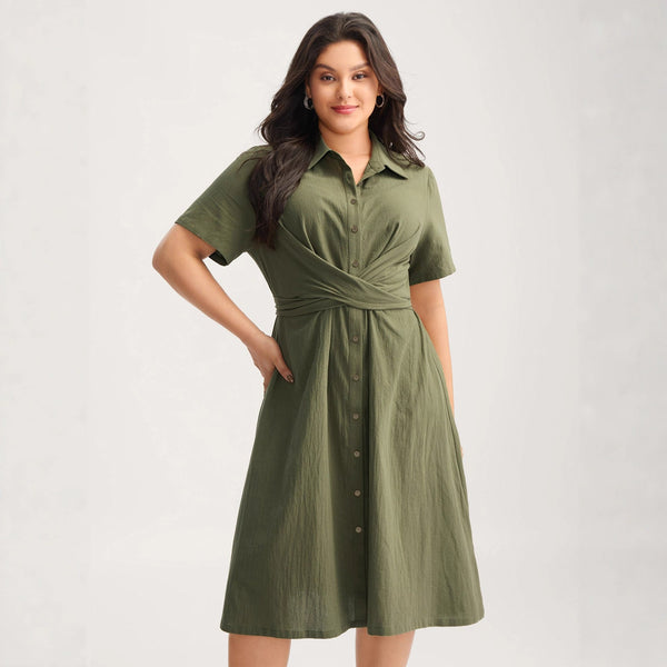 A-Line Midi Shirt Dress with Twist Front and Polo Collar