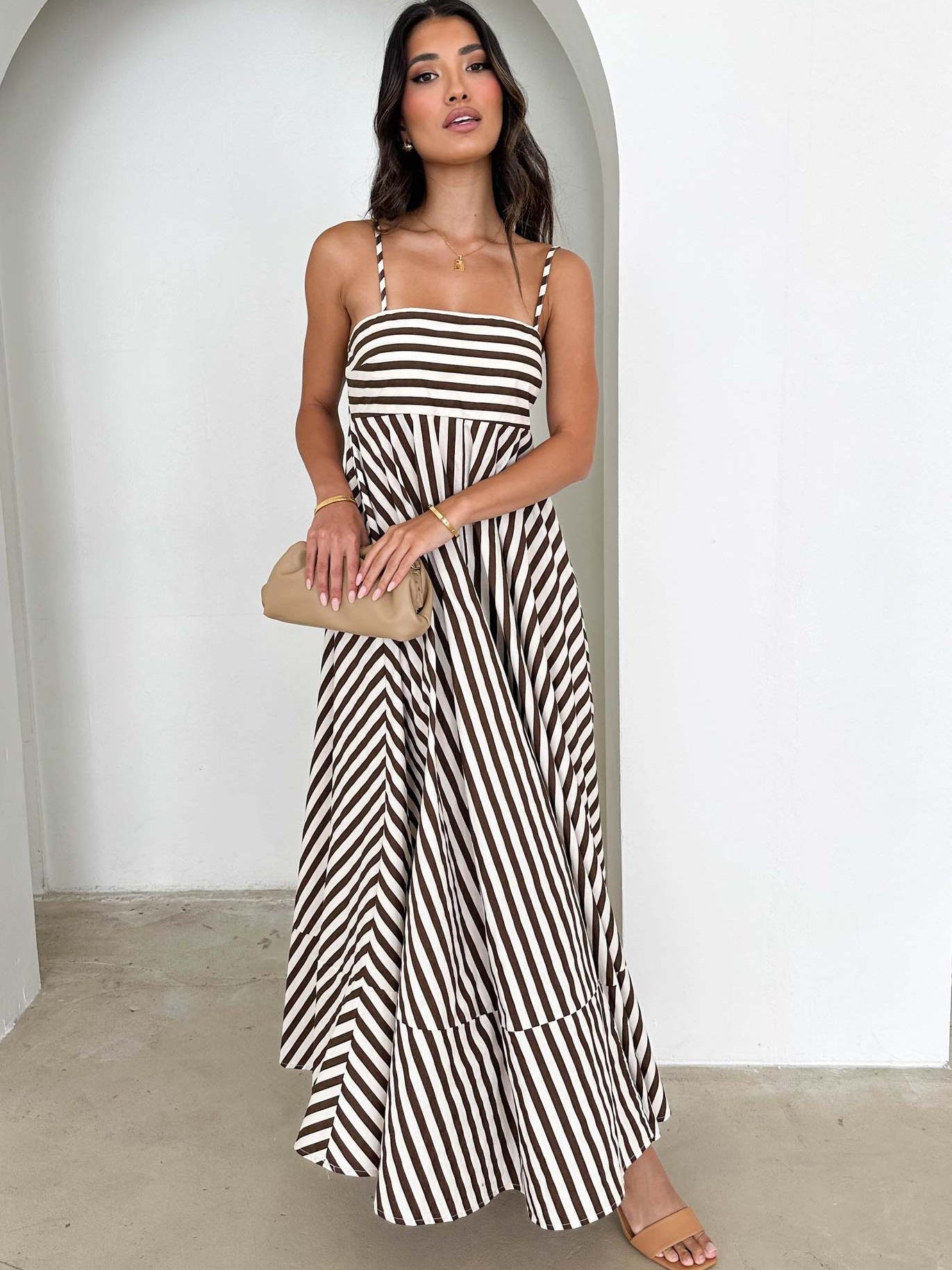 A-Line Maxi Dress with Abstract Print and Spaghetti Straps