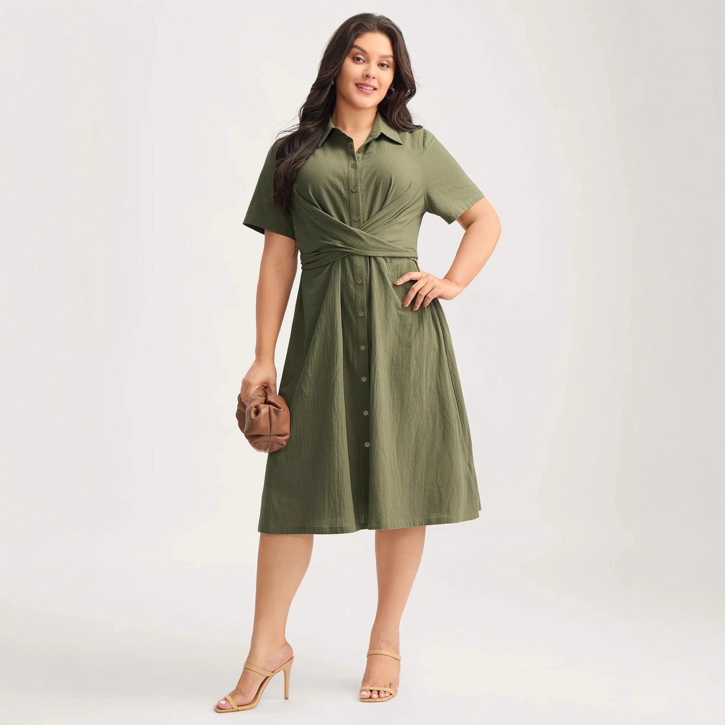 A-Line Midi Shirt Dress with Twist Front and Polo Collar