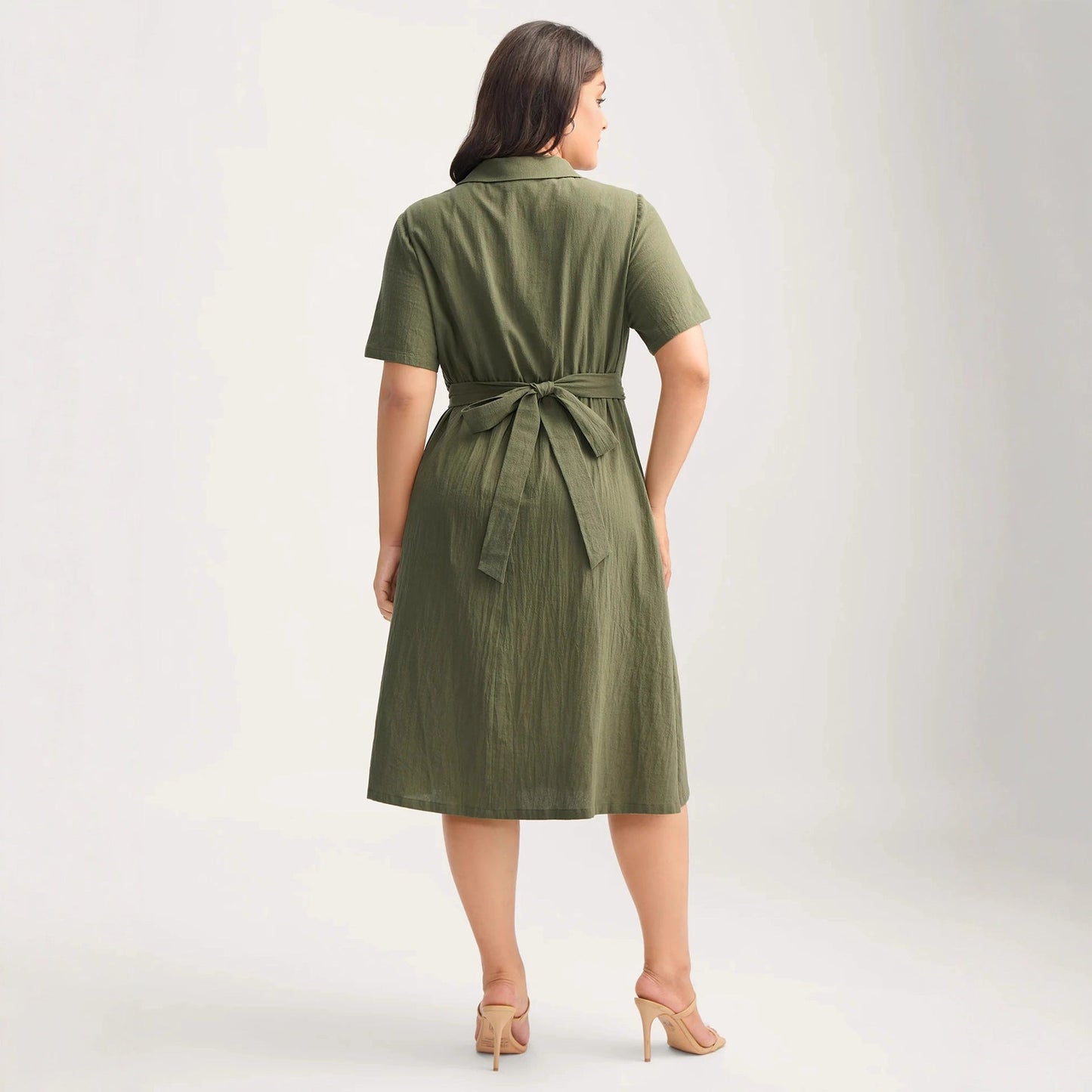 A-Line Midi Shirt Dress with Twist Front and Polo Collar