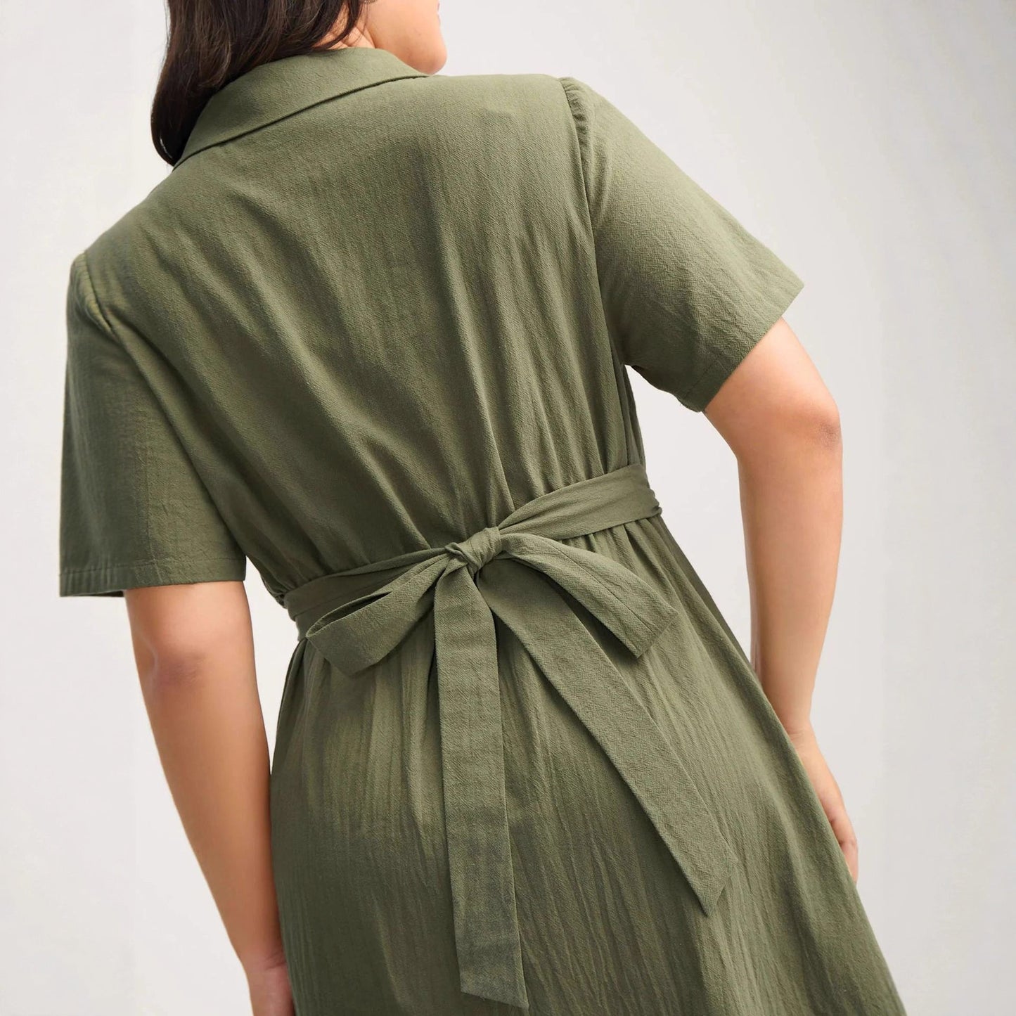 A-Line Midi Shirt Dress with Twist Front and Polo Collar