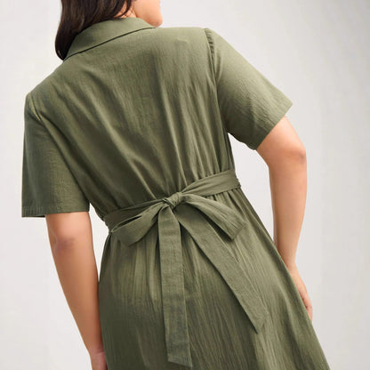 A-Line Midi Shirt Dress with Twist Front and Polo Collar
