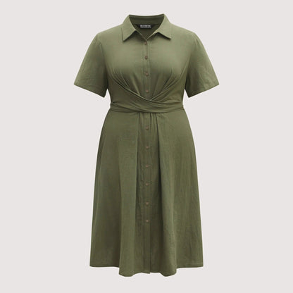 A-Line Midi Shirt Dress with Twist Front and Polo Collar
