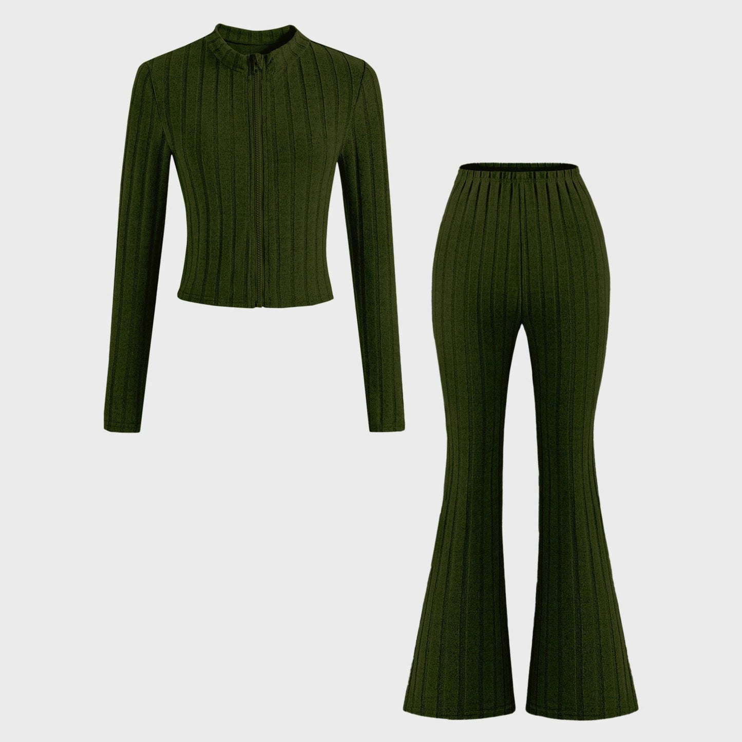 Ribbed Knit Two-Piece Set with Zip-Front Top and Flared Pants