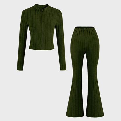 Ribbed Knit Two-Piece Set with Zip-Front Top and Flared Pants