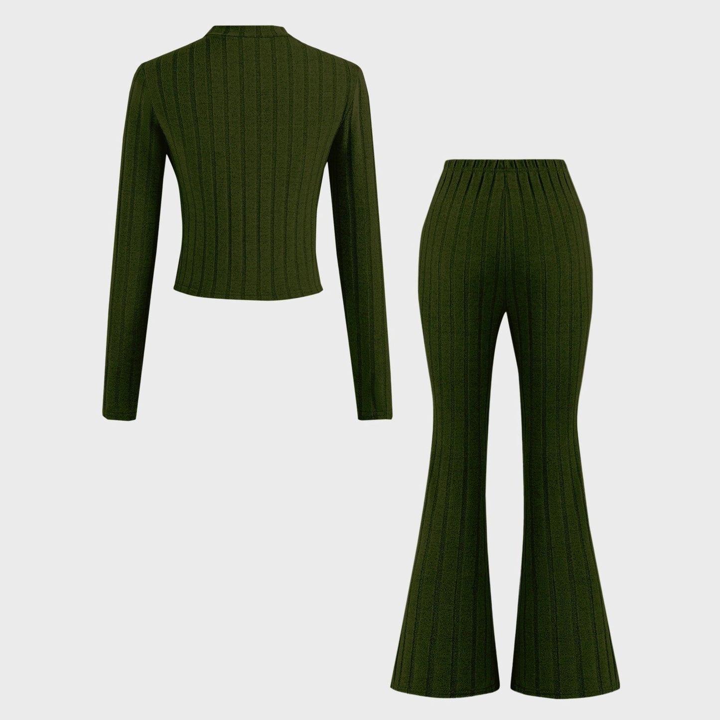 Ribbed Knit Two-Piece Set with Zip-Front Top and Flared Pants