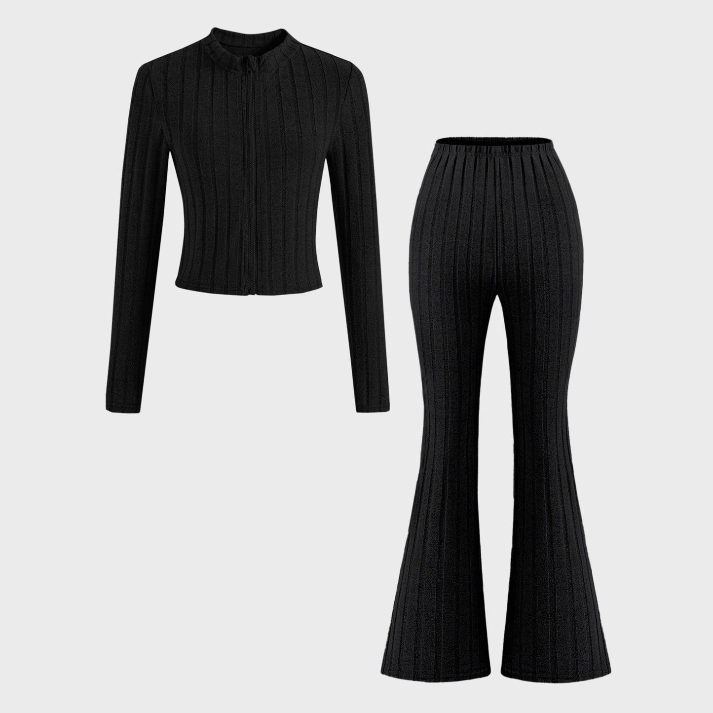 Ribbed Knit Two-Piece Set with Zip-Front Top and Flared Pants