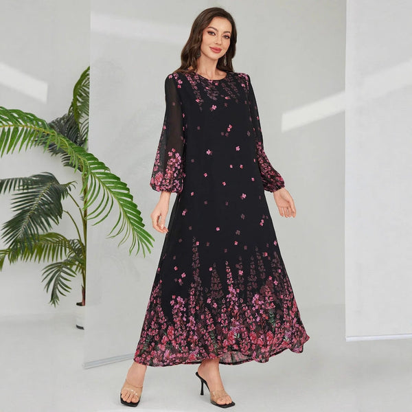 Floral Print A-Line Maxi Dress with Bishop Sleeves