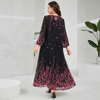 Floral Print A-Line Maxi Dress with Bishop Sleeves