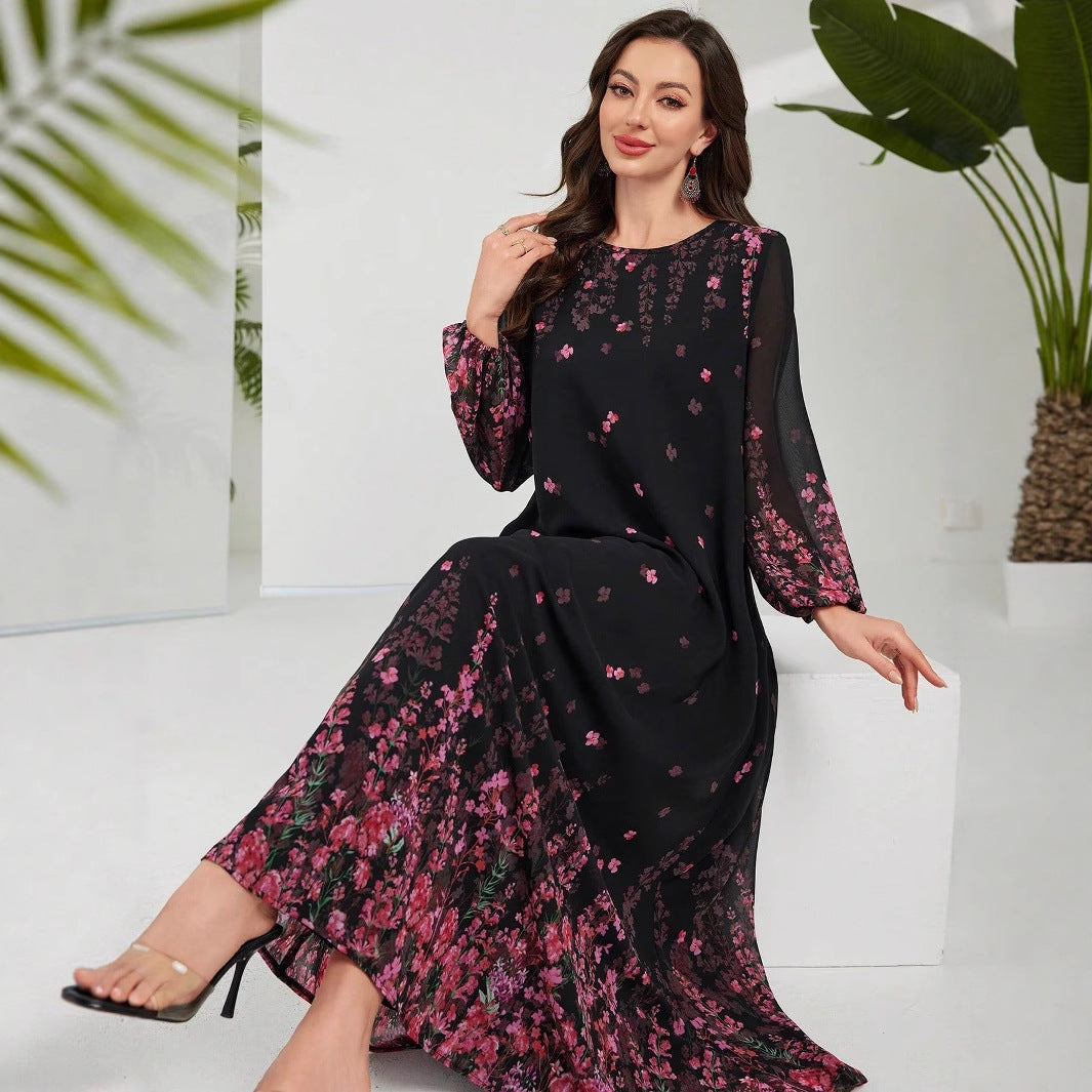 Floral Print A-Line Maxi Dress with Bishop Sleeves