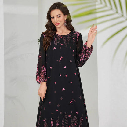 Floral Print A-Line Maxi Dress with Bishop Sleeves