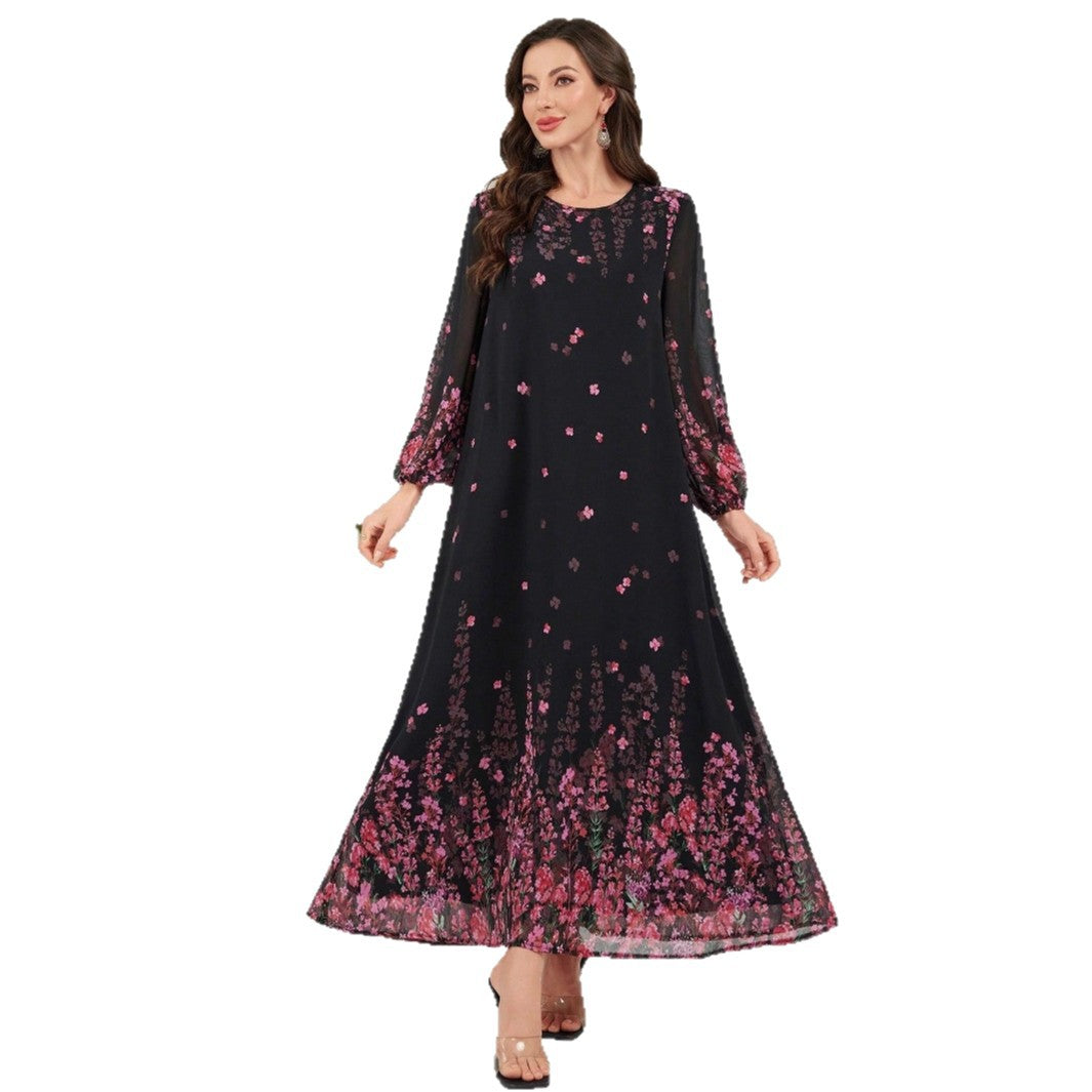 Floral Print A-Line Maxi Dress with Bishop Sleeves