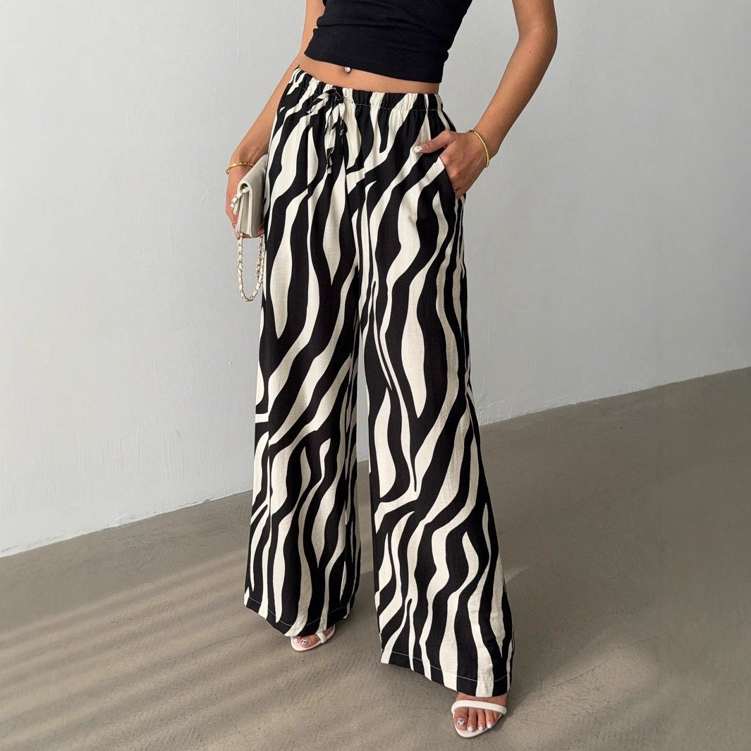 Zebra Print Wide-Leg Trousers with High Waist and Drawstring